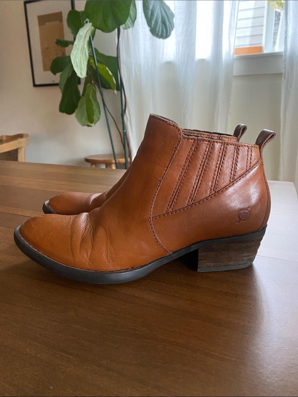 Born Cognac Leather Ankle Booties with Elastic Side Panels